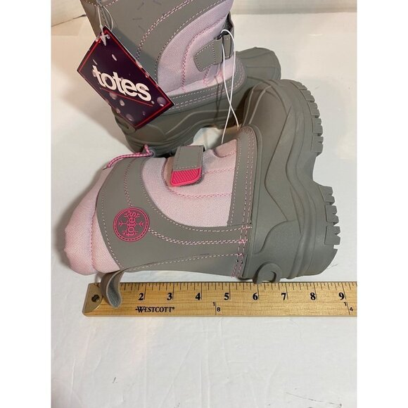 New Totes Meadows Girls Size 13 Snow Boots Grey & Pink Slip On Insulated Lining - Picture 9 of 10